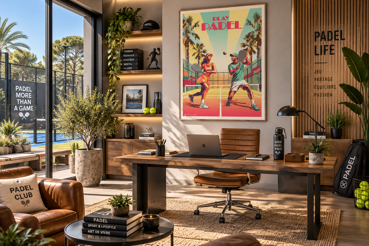 Affiche Padel vintage dans un bureau moderne avec vue sur terrain – décoration murale sport et lifestyle