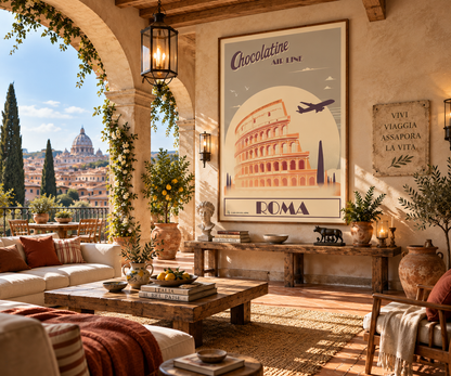 Poster Rome rétro présenté dans un intérieur ambiance Italie – affiche voyage Colisée et Ville Éternelle Pais Chocolatine