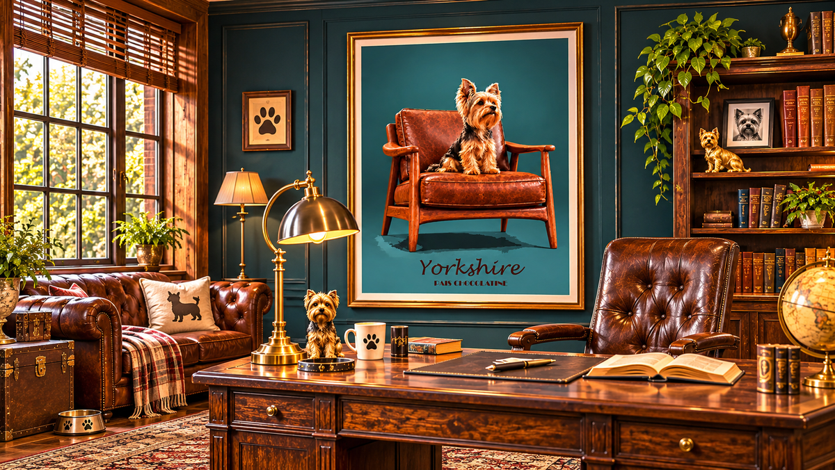 Affiche vintage Yorkshire Terrier présentée dans un intérieur raffiné, décoration murale animalière inspirée des années 50.