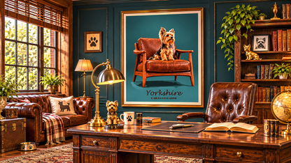 Affiche vintage Yorkshire Terrier présentée dans un intérieur raffiné, décoration murale animalière inspirée des années 50.