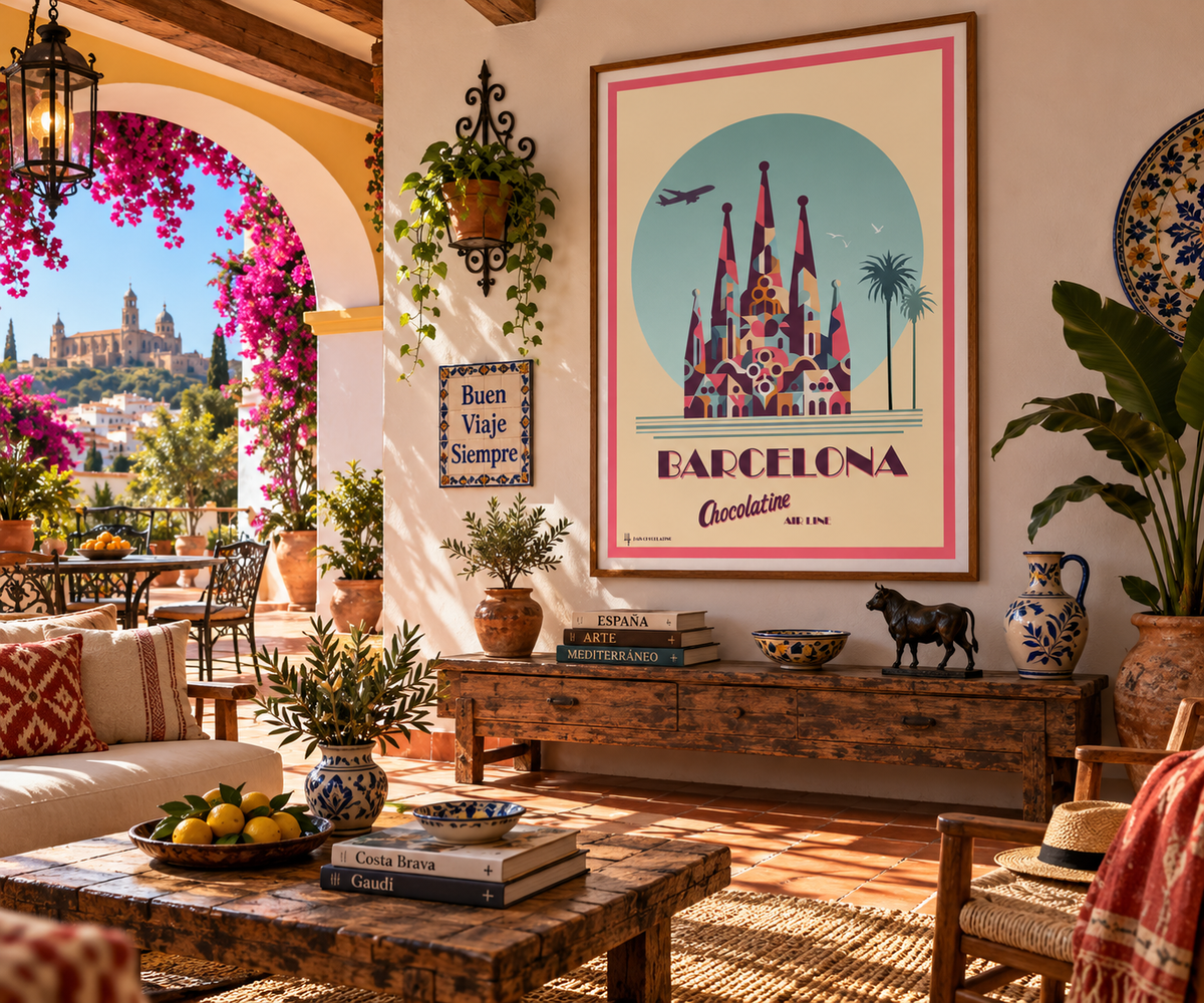 Affiche Barcelone vintage encadrée dans un intérieur espagnol – décoration murale Sagrada Família Pais Chocolatine