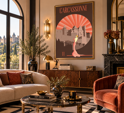 Affiche Carcassonne Art déco dans un salon – décoration murale vintage inspirée de la Cité médiévale et de l’Aude