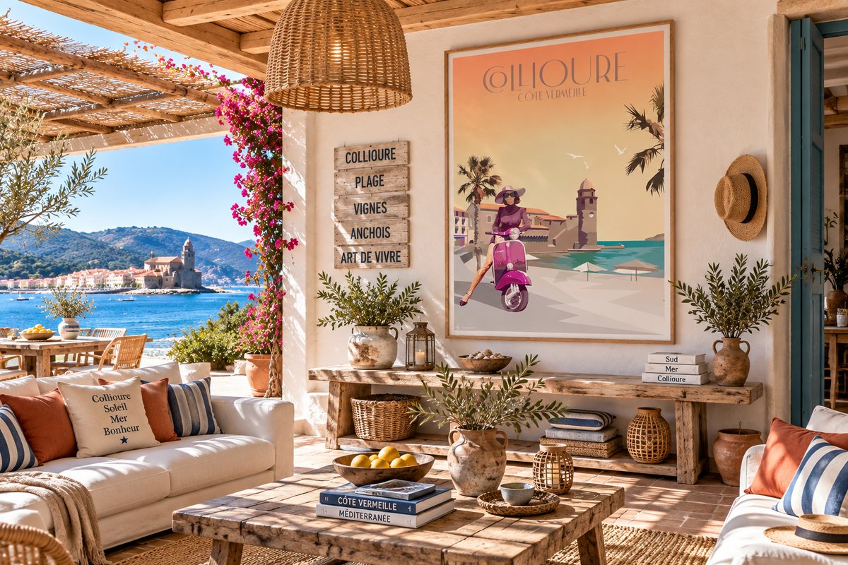Affiche vintage Collioure dans un salon lumineux face à la Méditerranée – ambiance soleil et Côte Vermeille – Pais Chocolatine