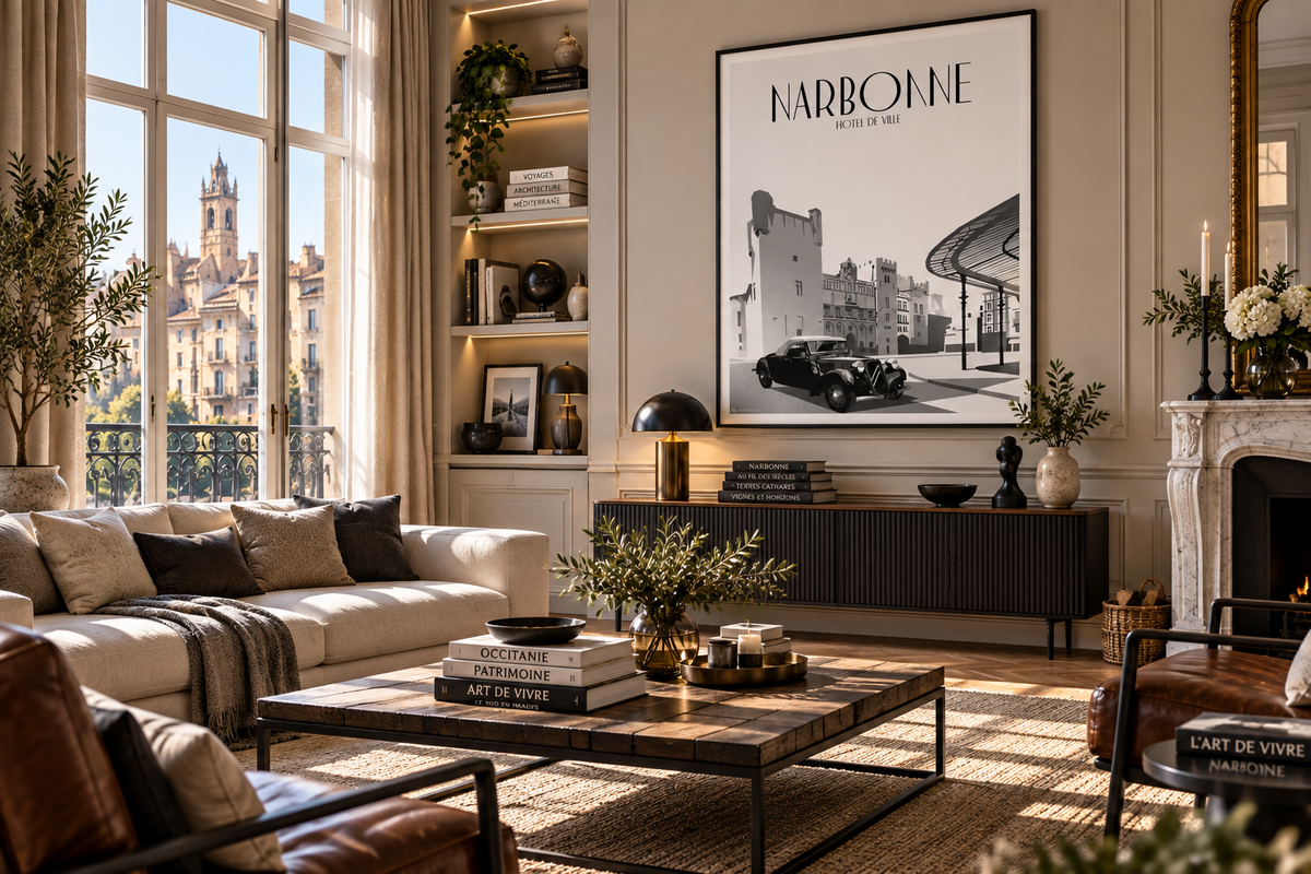 Affiche vintage Narbonne dans un salon élégant – décoration noir et blanc inspirée du patrimoine narbonnais