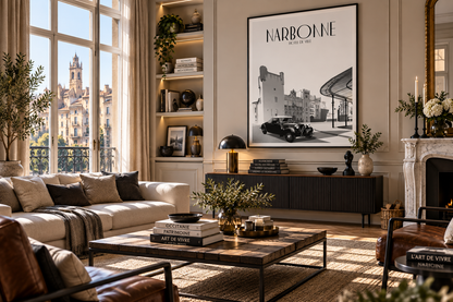 Affiche vintage Narbonne dans un salon élégant – décoration noir et blanc inspirée du patrimoine narbonnais