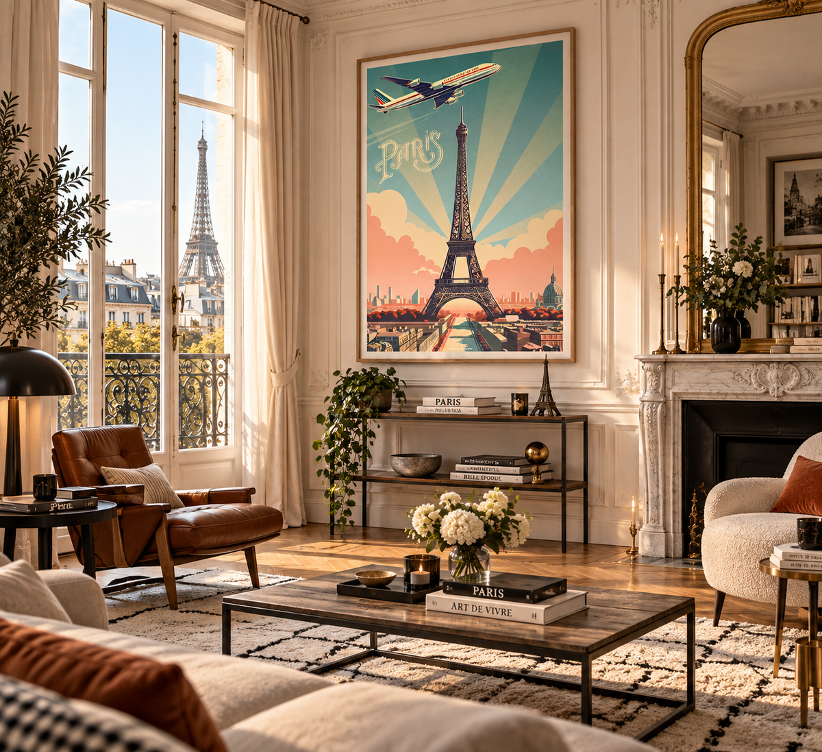 Poster Paris rétro présenté dans un intérieur haussmannien – affiche voyage Tour Eiffel et Ville Lumière Pais Chocolatine
