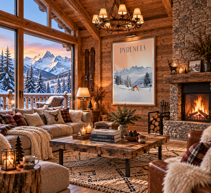 Poster Pyrénées Ski rétro dans un intérieur de montagne – décoration murale esprit chalet