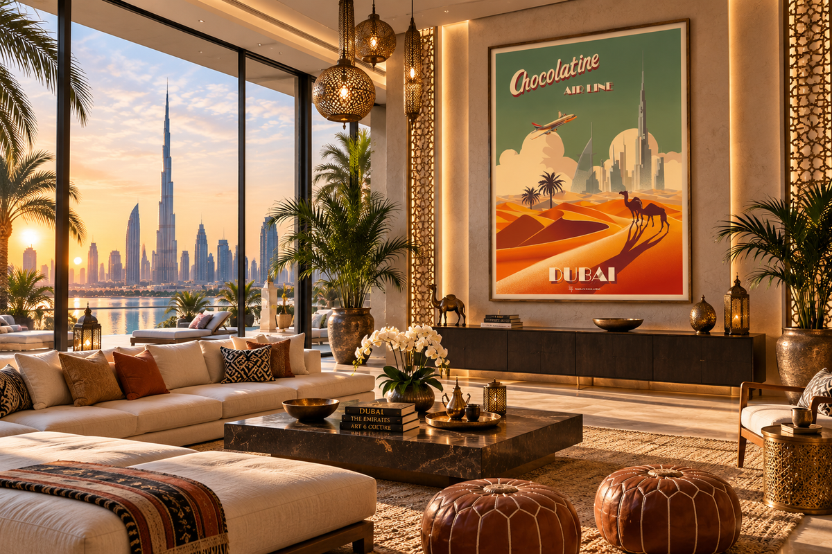 Poster Dubaï rétro présenté dans un intérieur contemporain – affiche voyage Émirats arabes unis Pais Chocolatine