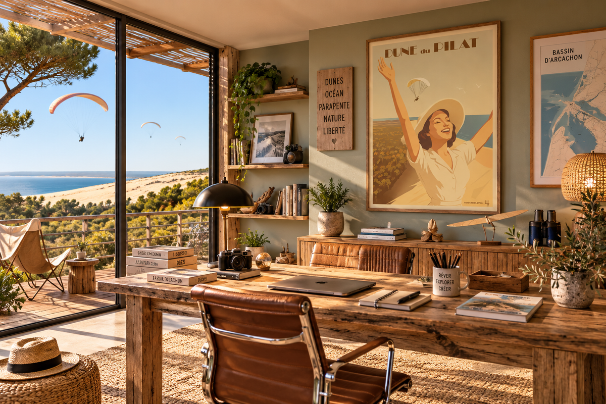 Poster Dune du Pilat dans un bureau avec vue sur les dunes et parapentes – décoration vintage Bassin d’Arcachon Pais Chocolatine