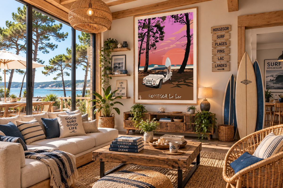 Poster Hossegor vintage en situation dans un salon esprit surf et bord de mer, décoration Landes et côte Atlantique – Pais Chocolatine