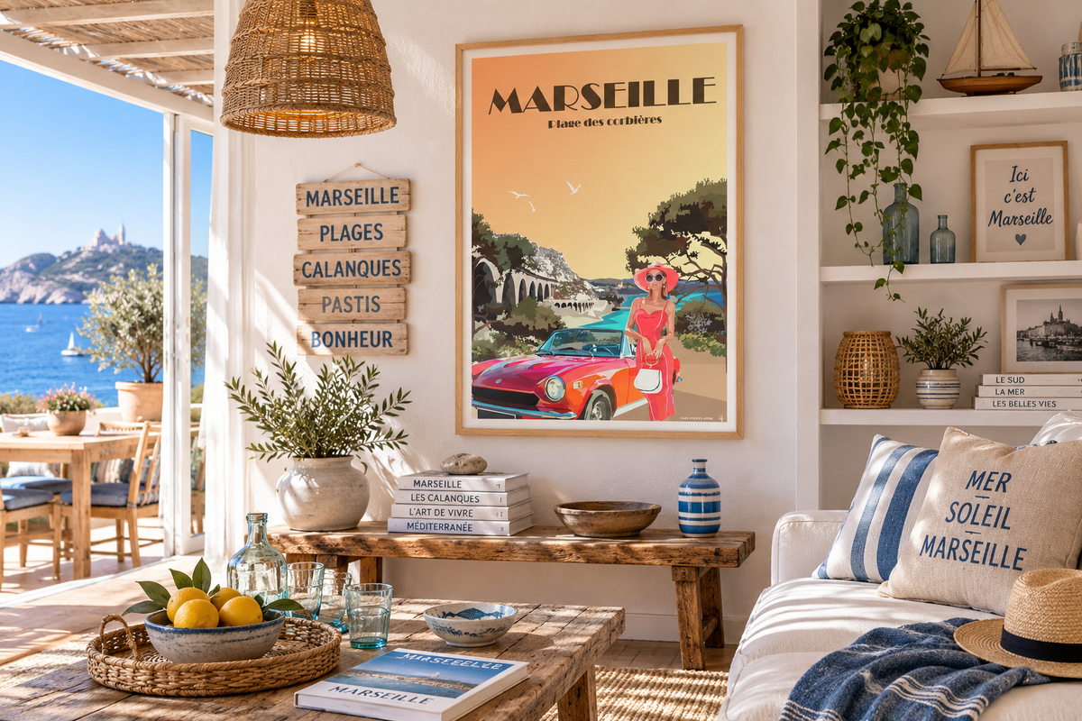 Poster vintage Marseille en décoration intérieure – affiche rétro Plage des Corbières et Méditerranée, Pais Chocolatine