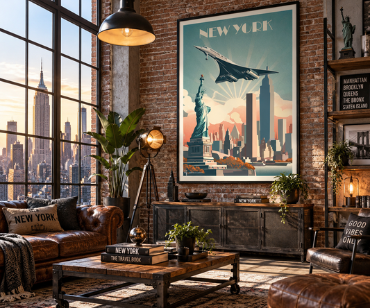 Affiche New York vintage encadrée dans un loft new-yorkais – décoration murale Manhattan Pais Chocolatine
