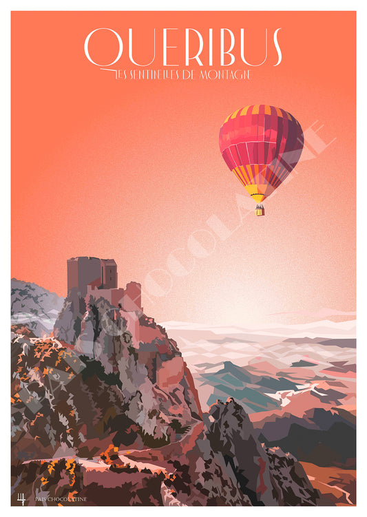 Affiche Quéribus vintage – château cathare, montgolfière et grands espaces du Pays Cathare – Pais Chocolatine