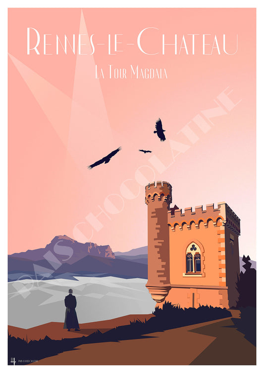 Affiche Rennes-le-Château vintage – Tour Magdala, abbé Saunière et Pic de Bugarach dans l’Aude – Pais Chocolatine