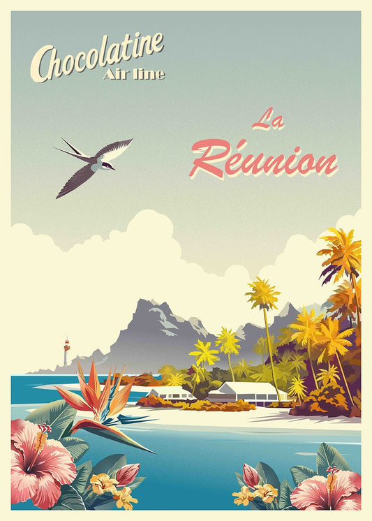 Affiche vintage La Réunion – paysages volcaniques, lagon tropical et montagnes de l’île intense, Pais Chocolatine