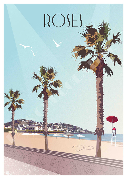 Affiche vintage Roses Costa Brava – plage méditerranéenne, palmiers et promenade en bord de mer – Pais Chocolatine
