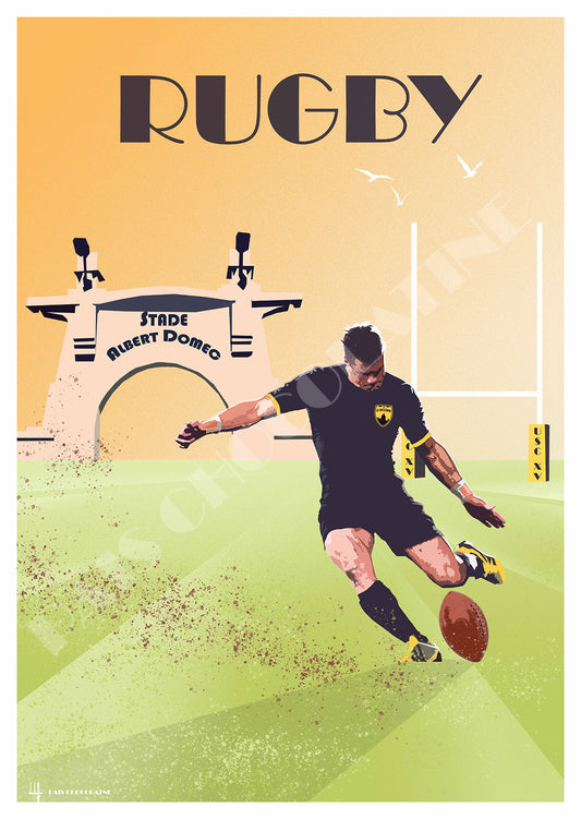 Affiche Rugby Carcassonne vintage – joueur au Stade Albert Domec et ballon ovale – illustration sport Pais Chocolatine