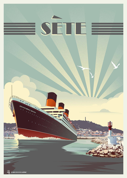 Affiche vintage Sète – paquebot au port, Méditerranée et Mont Saint-Clair, poster rétro Pais Chocolatine