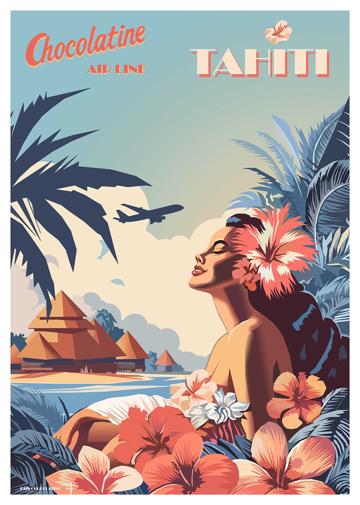 Affiche vintage Tahiti – Polynésie, lagon turquoise, bungalows sur pilotis et voyage tropical – Pais Chocolatine