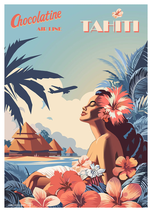 Affiche vintage Tahiti – Polynésie, lagon turquoise, bungalows sur pilotis et voyage tropical – Pais Chocolatine
