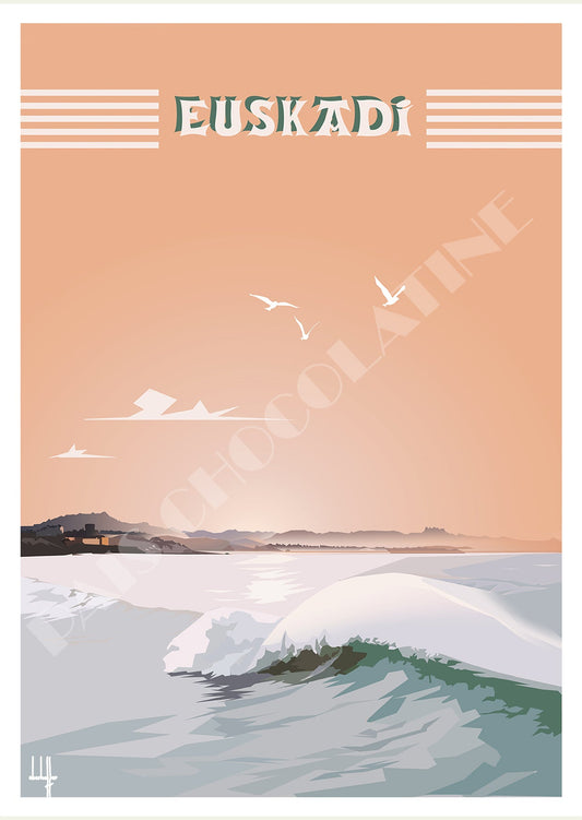 Affiche Euskadi vintage – Côte Basque sauvage, vague de Belharra et océan Atlantique, création Pais Chocolatine