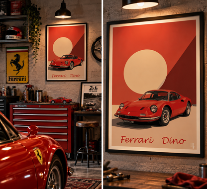 Affiche Ferrari Dino présentée dans un garage vintage