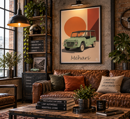 Affiche Citroën Méhari dans un salon industriel chic