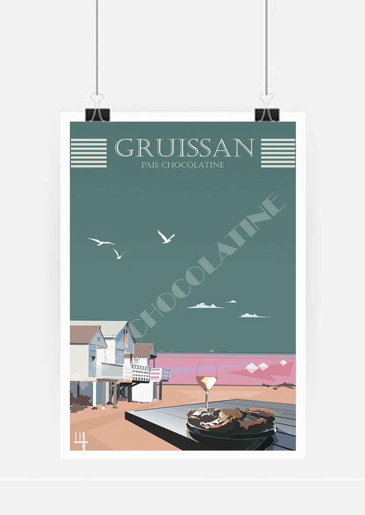 Affiche vintage Gruissan – chalets sur pilotis – Pais Chocolatine