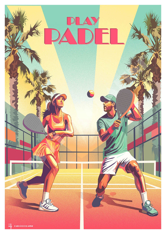 Affiche Padel vintage PLAY PADEL avec joueurs et palmiers – poster sport rétro Pais Chocolatine