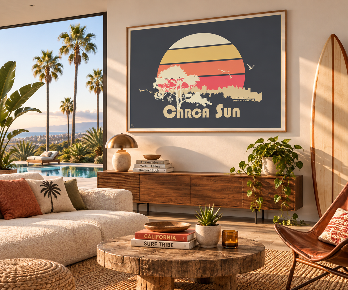 Affiche CarcaSun Carcassonne présentée dans un intérieur design ambiance californienne, décoration murale vintage Pais Chocolatine.