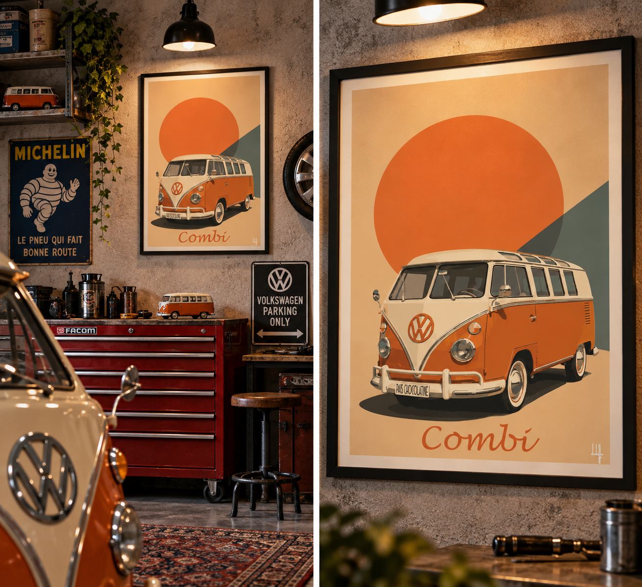 Affiche Volkswagen Combi dans un salon industriel chic