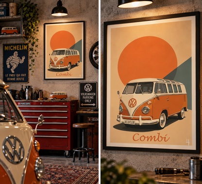 Affiche Volkswagen Combi dans un salon industriel chic