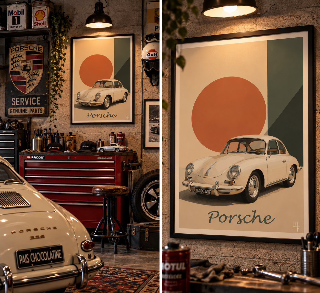 Affiche Porsche 356 présentée dans un garage vintage