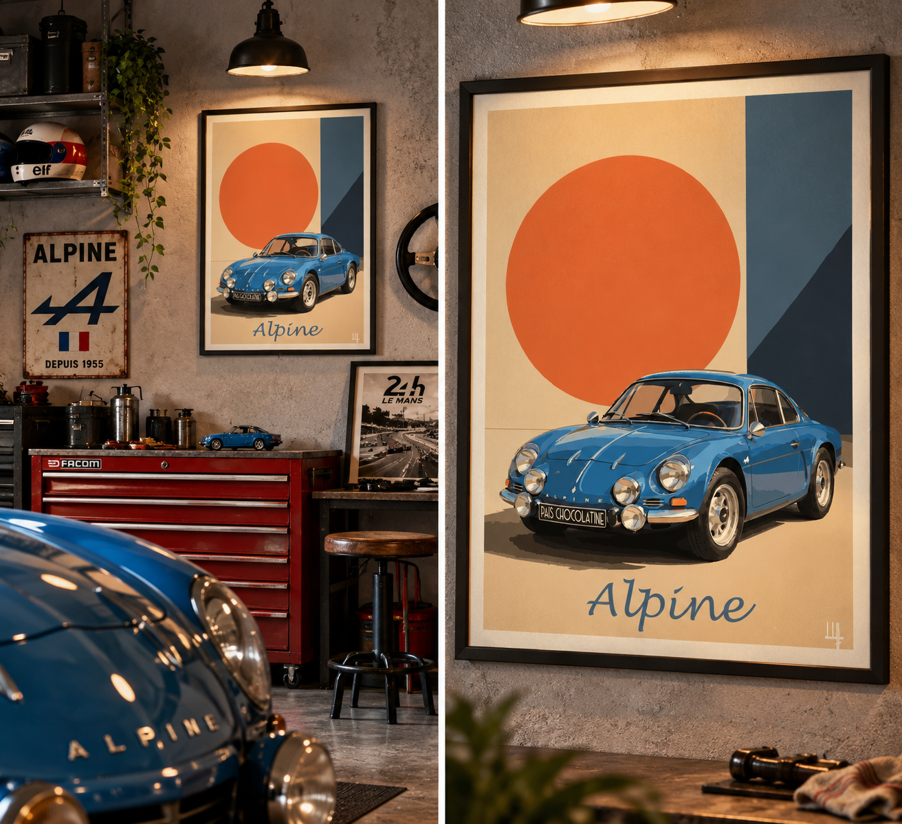 Affiche Alpine A110 présentée dans un garage vintage