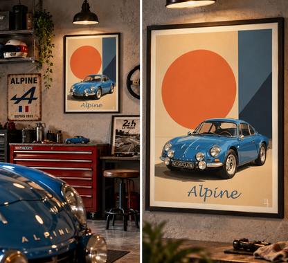 Affiche Alpine A110 présentée dans un garage vintage