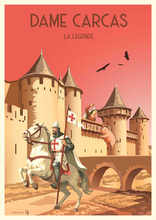 Affiche vintage Dame Carcas – légende de Carcassonne et Cité médiévale, illustration rétro Pais Chocolatine
