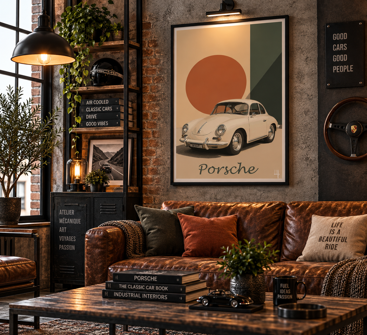 Affiche Porsche 356 dans un salon industriel chic
