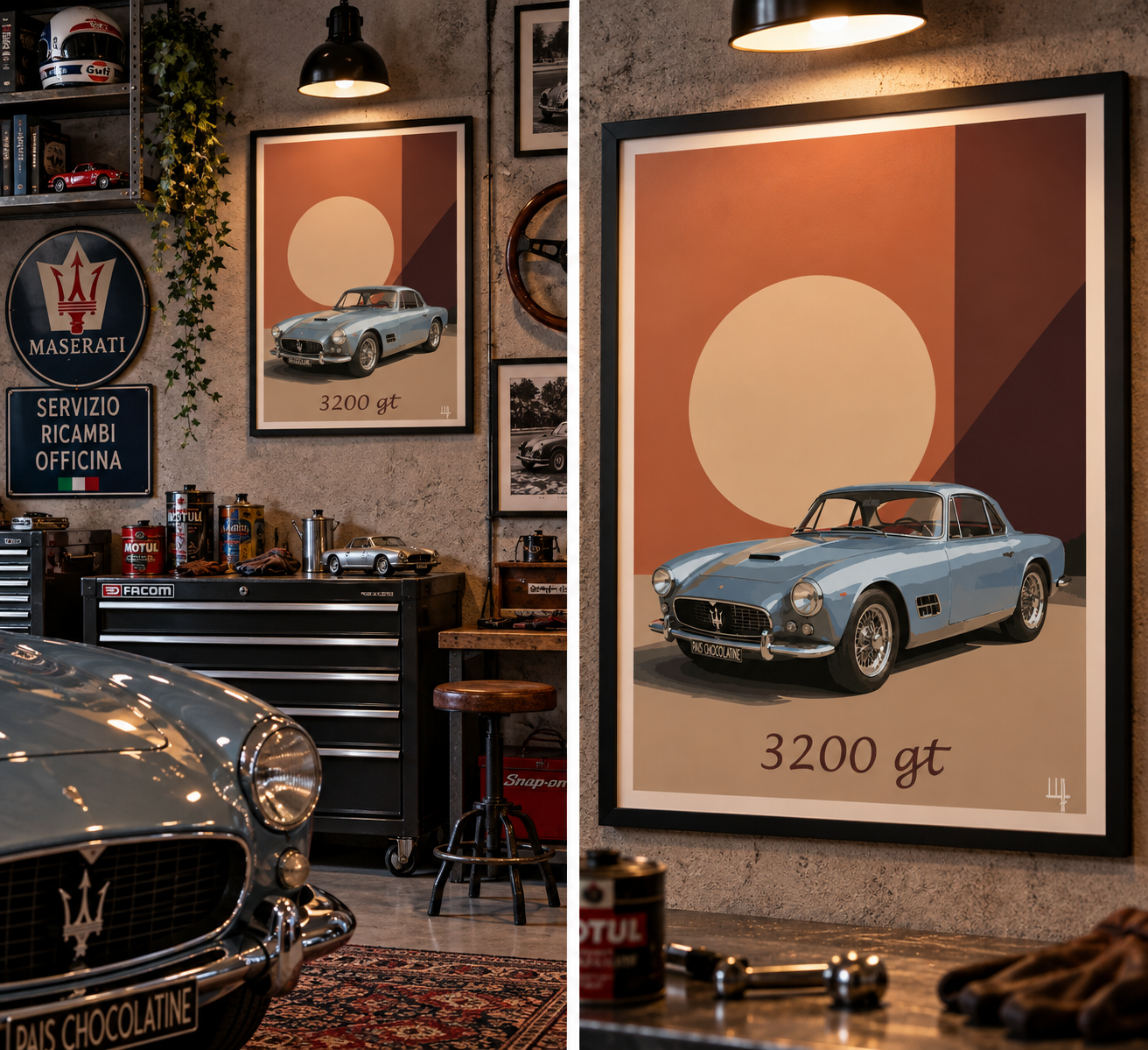 Affiche Maserati 3200 GT dans un salon industriel chic