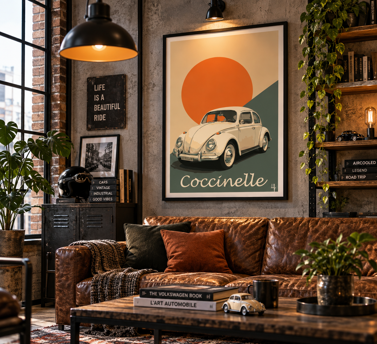 Affiche Volkswagen Coccinelle présentée dans un garage vintage