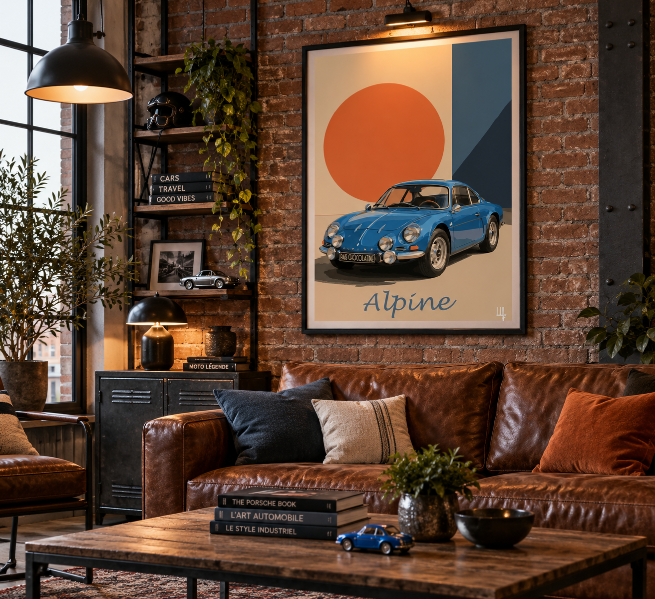 Affiche Alpine A110 dans un salon industriel chic