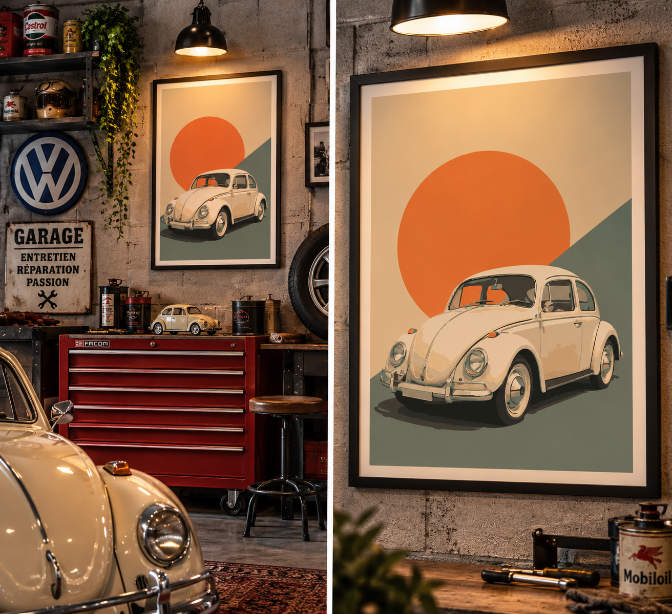 Affiche Volkswagen Coccinelle dans un salon industriel chic