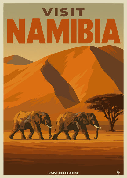 Affiche vintage Namibie – éléphant, désert du Namib et paysages sauvages d’Afrique australe – Pais Chocolatine