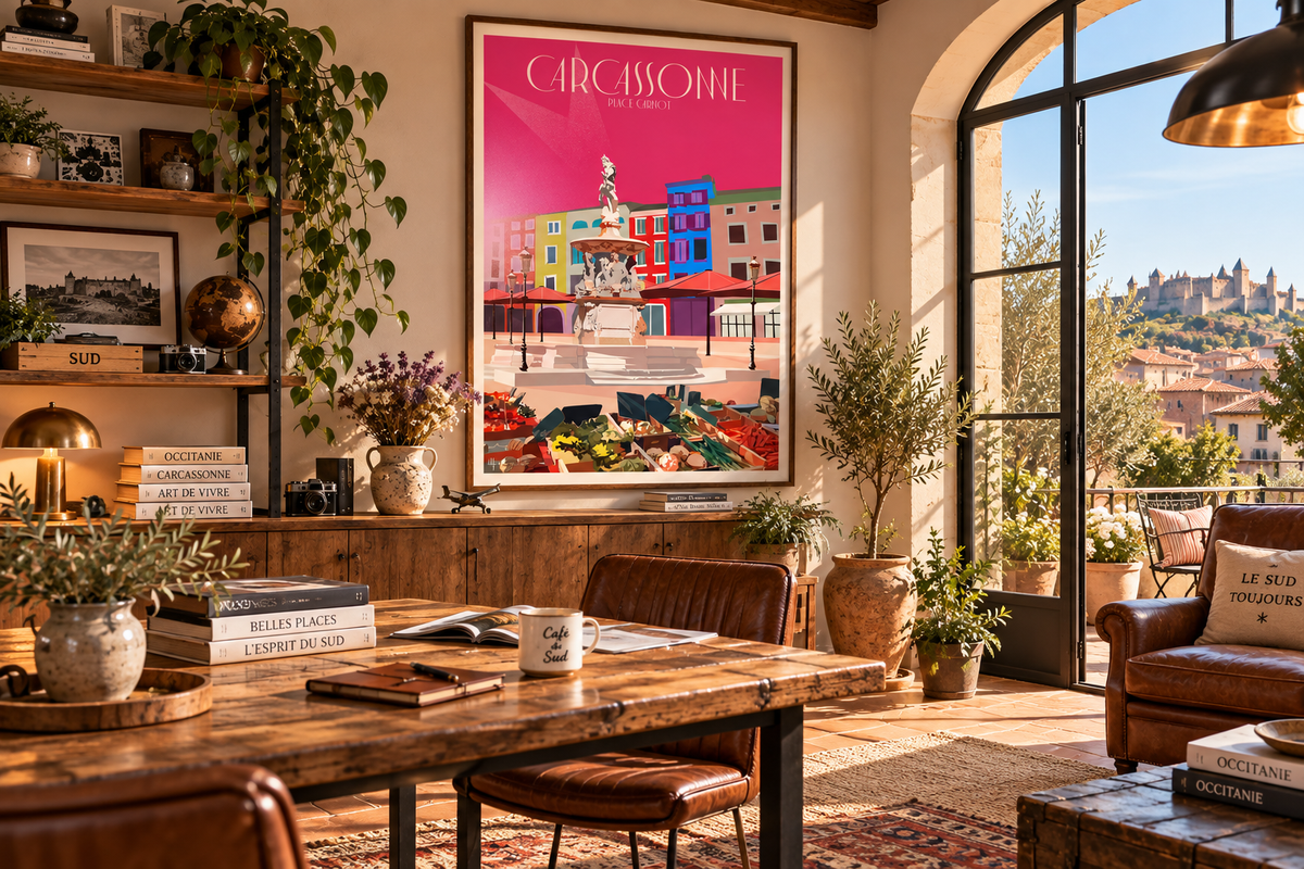 Affiche vintage Carcassonne Place Carnot dans un intérieur chaleureux esprit du Sud – poster Occitanie Pais Chocolatine