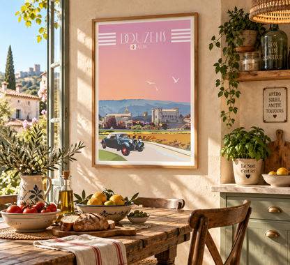 Affiche Douzens vintage encadrée dans une cuisine esprit Sud de France, décoration murale chaleureuse aux accents méditerranéens – Pais Chocolatine