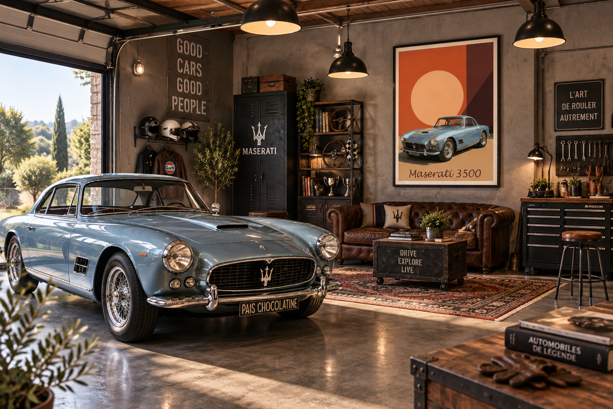 Affiche Maserati 3500 vintage dans un garage de collectionneur – décoration murale automobile rétro