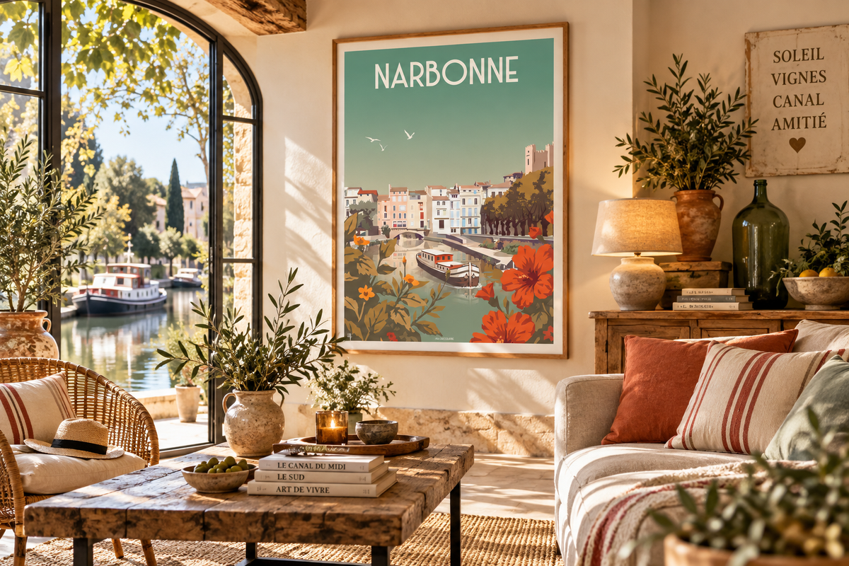 Affiche Narbonne vintage encadrée dans un salon esprit Sud – décoration murale Canal de la Robine Pais Chocolatine