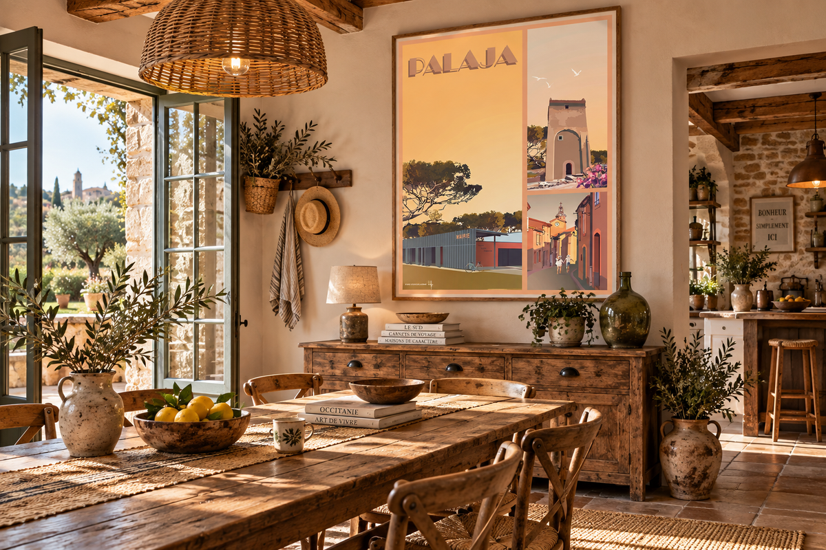 Affiche Palaja dans une maison de campagne esprit du Sud – poster vintage village près de Carcassonne Pais Chocolatine