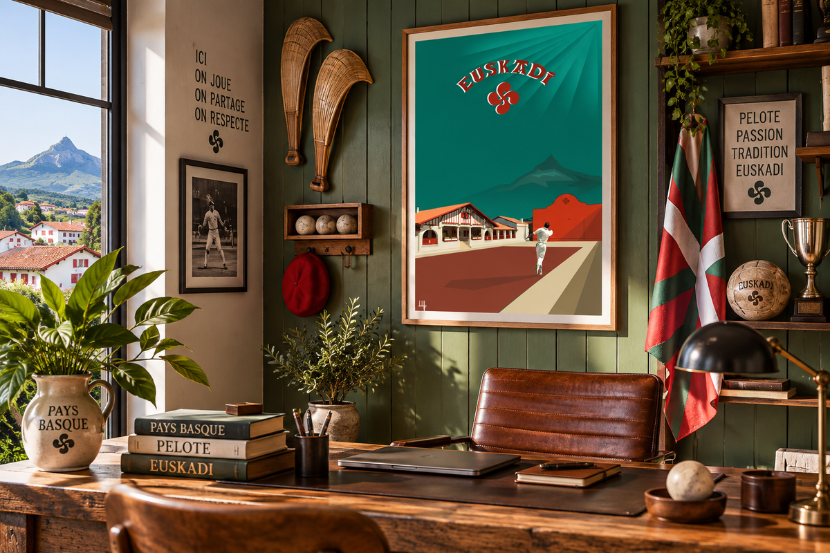 Affiche Euskadi Culture Basque encadrée dans un bureau esprit pelote – décoration Pays Basque Pais Chocolatine