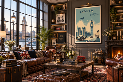 Poster Londres rétro présenté dans un intérieur ambiance London – affiche voyage Angleterre Pais Chocolatine