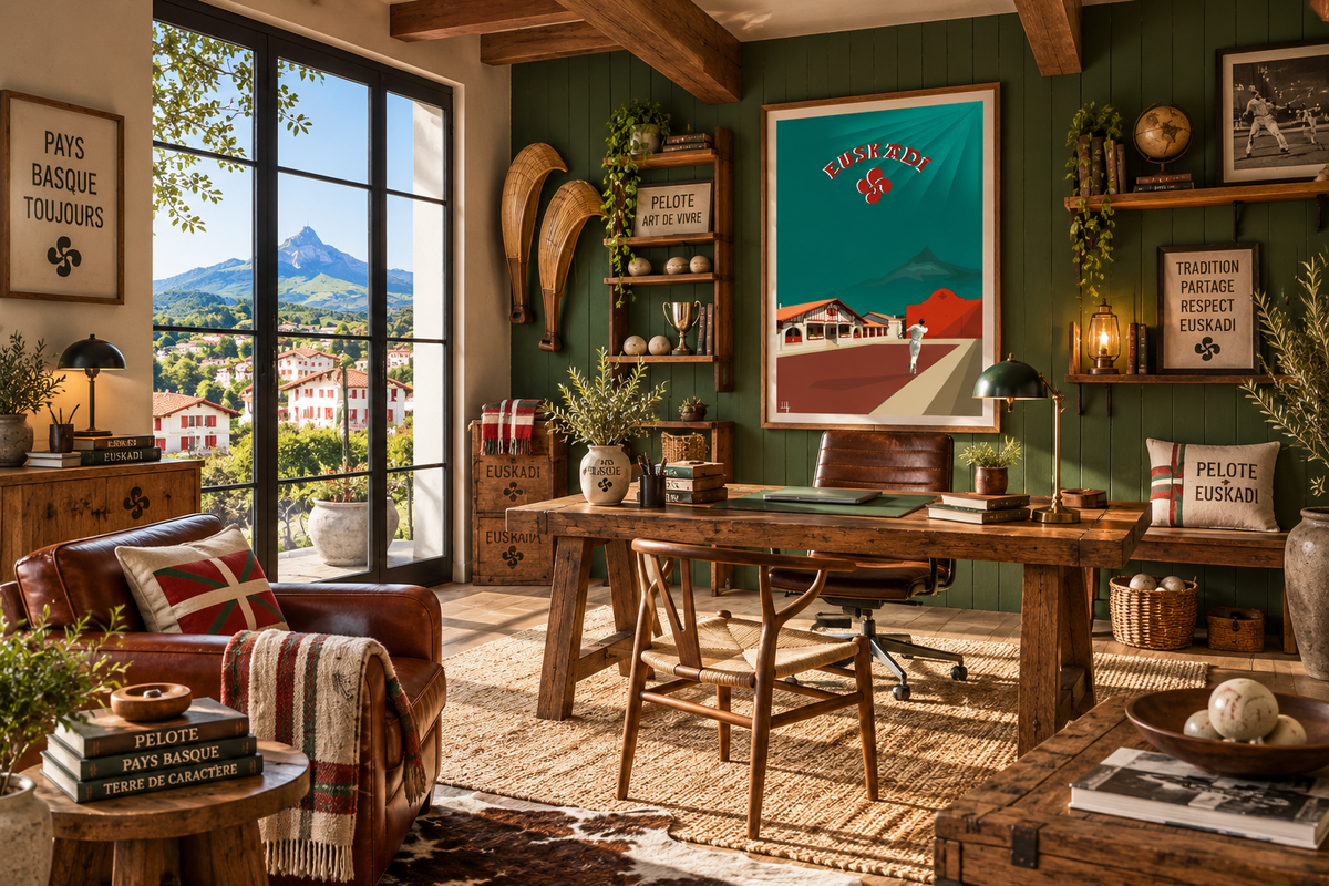 Poster Euskadi vintage dans un bureau basque – pelote, fronton et décoration traditionnelle Pays Basque Pais Chocolatine